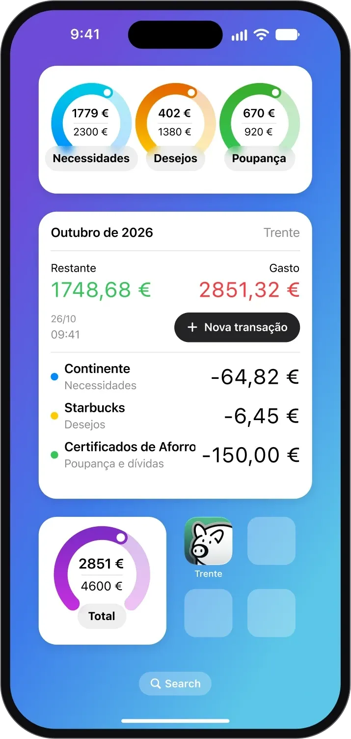 Ecrã principal do iPhone com widgets do Trente