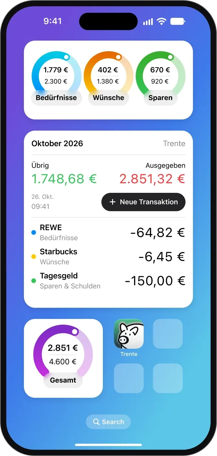 iPhone-Home-Bildschirm mit Trente-Widgets