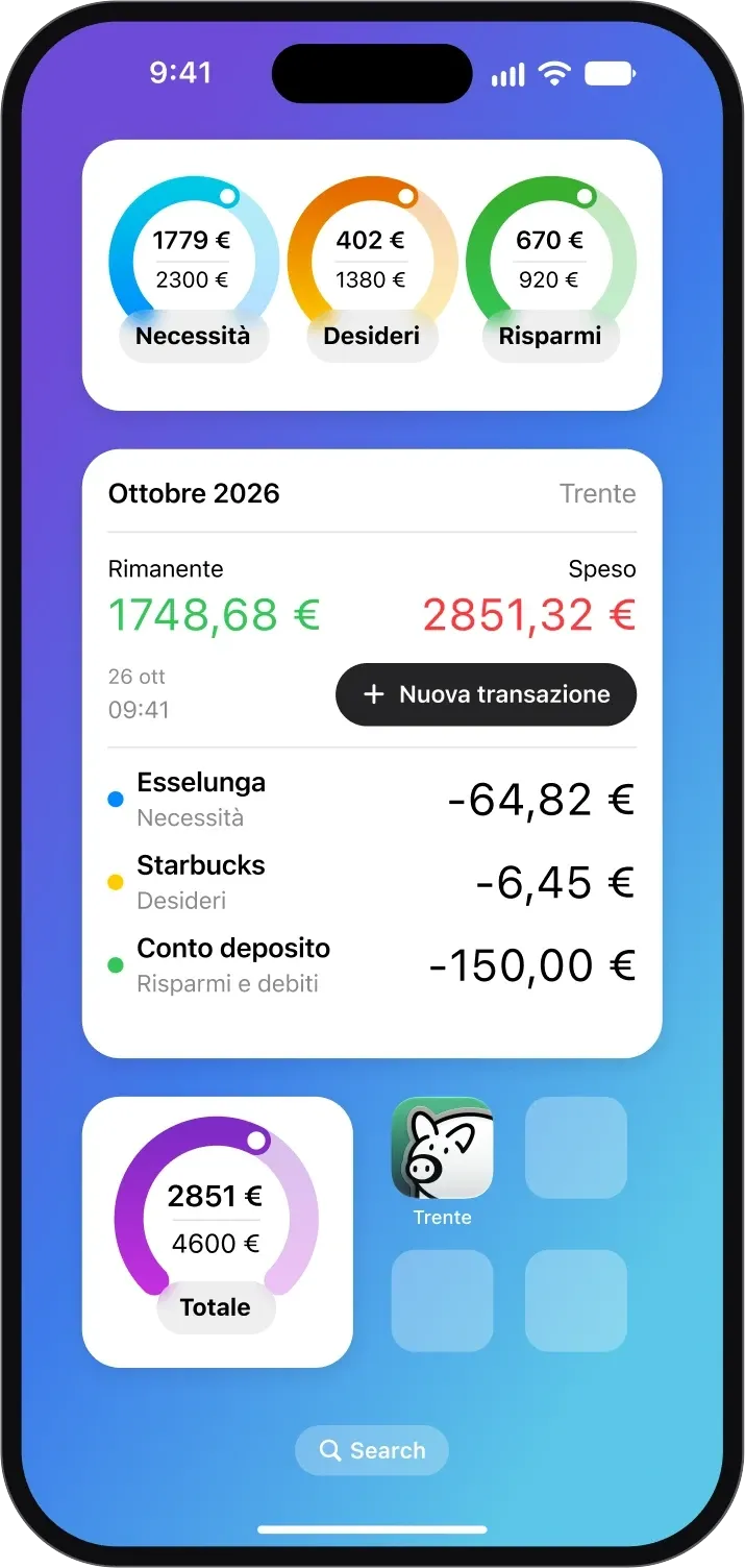 Schermata Home di iPhone con i widget di Trente