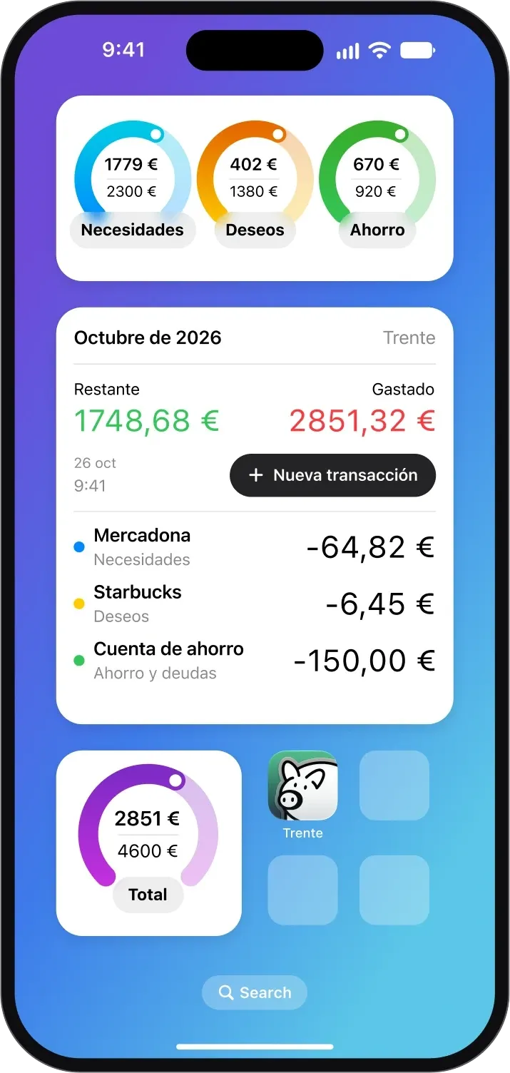 Pantalla de inicio de iPhone con los widgets de Trente