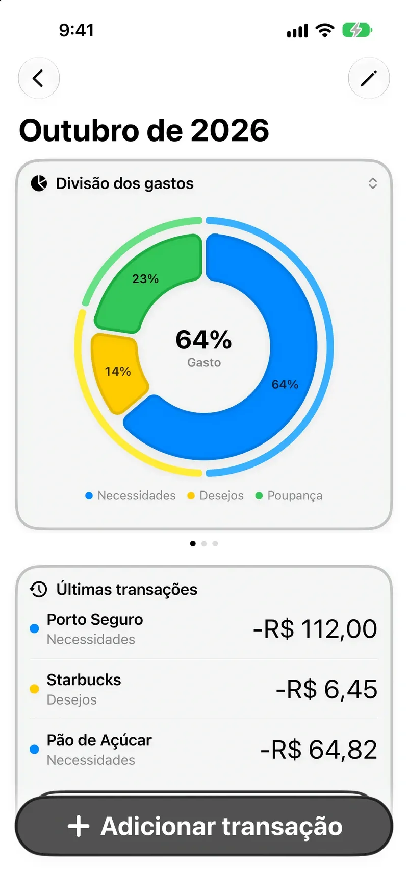 Painel do Trente no iPhone, com o orçamento do mês dividido em três categorias
