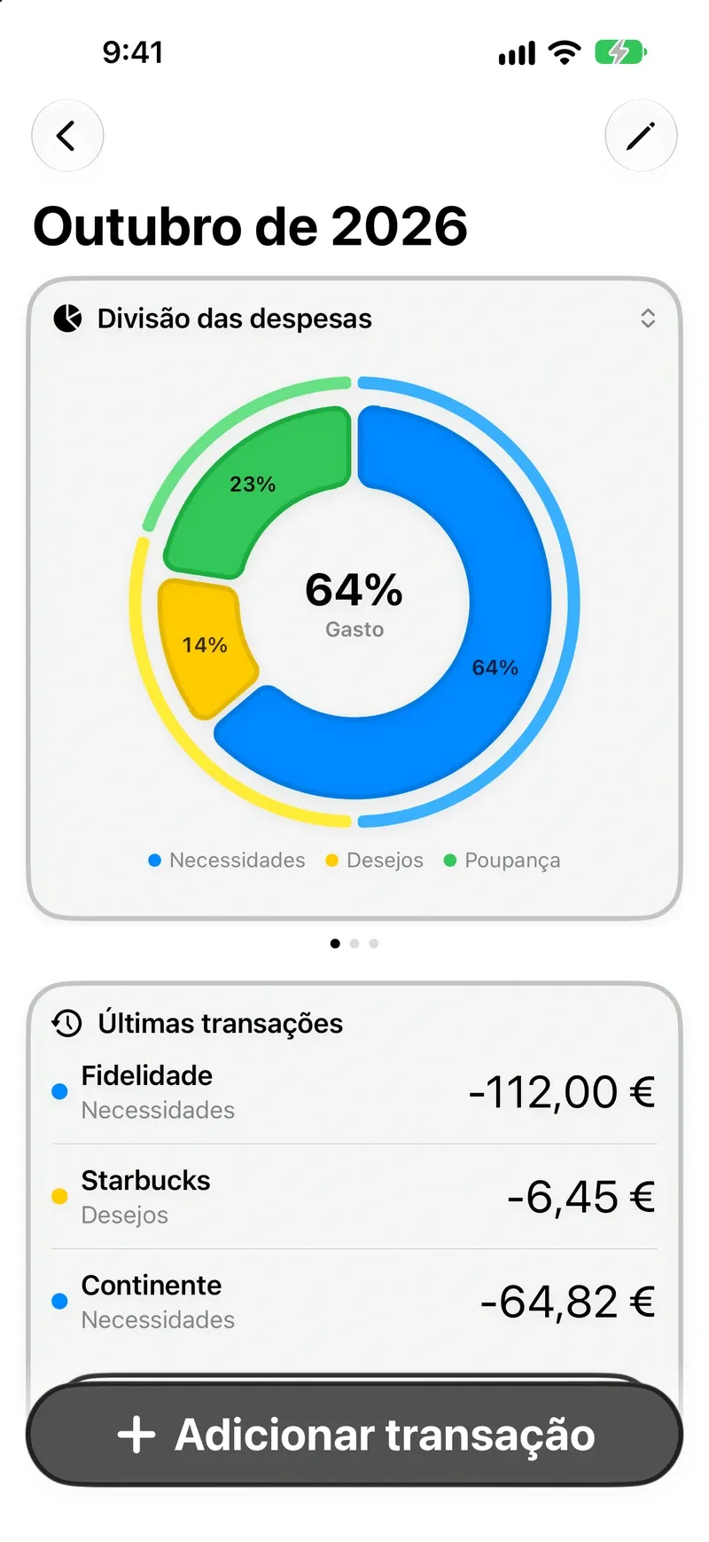 Painel do Trente no iPhone, com o orçamento do mês dividido em três categorias