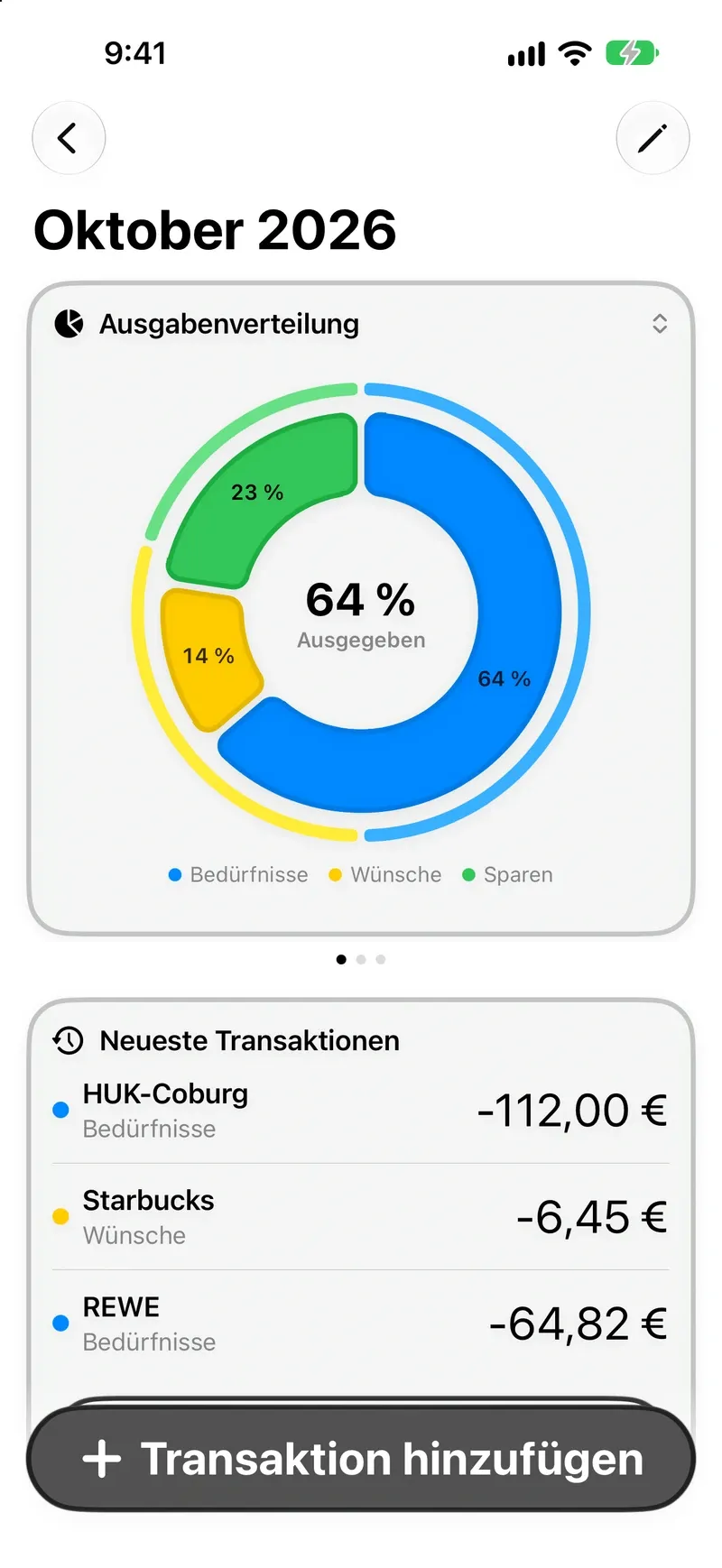 Trente-Dashboard auf dem iPhone mit dem Monatsbudget in drei Kategorien