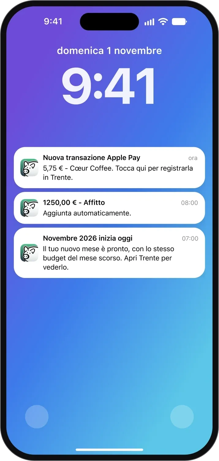 Schermata di blocco di iPhone con notifiche di Trente per un acquisto Apple Pay e una transazione ricorrente