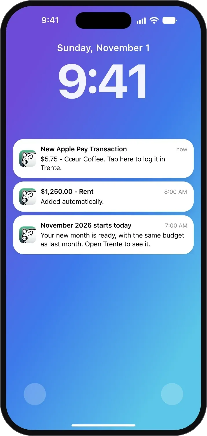 iPhone Lock Screen with Trente notifications for an Apple Pay purchase and a recurring transaction