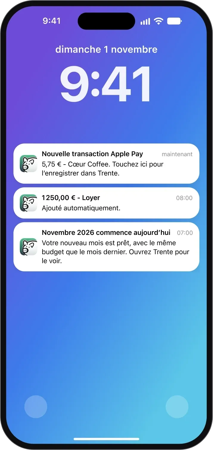 Écran verrouillé d’iPhone avec des notifications de Trente pour un achat Apple Pay et une transaction récurrente