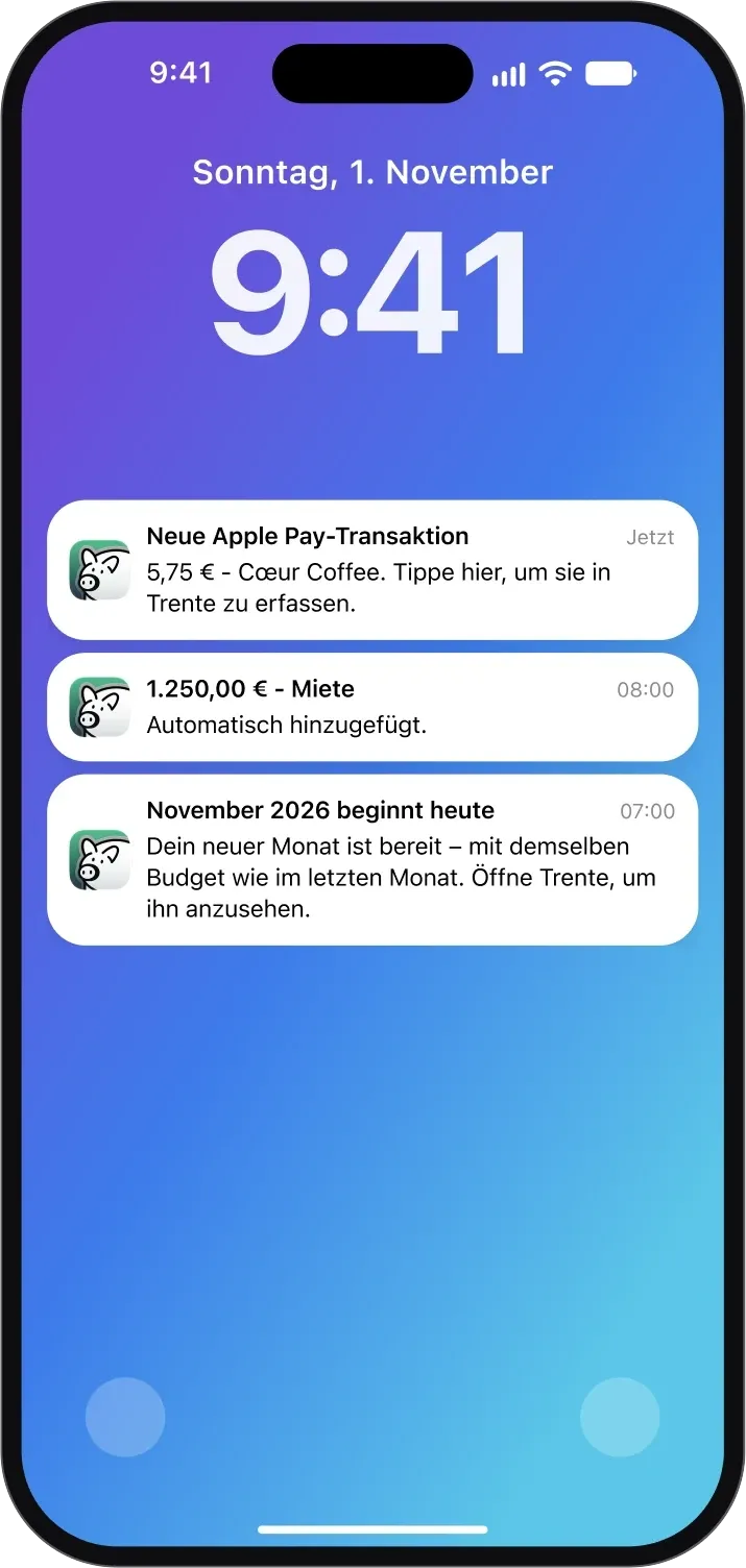iPhone-Sperrbildschirm mit Trente-Mitteilungen zu einem Apple Pay-Kauf und einer wiederkehrenden Transaktion