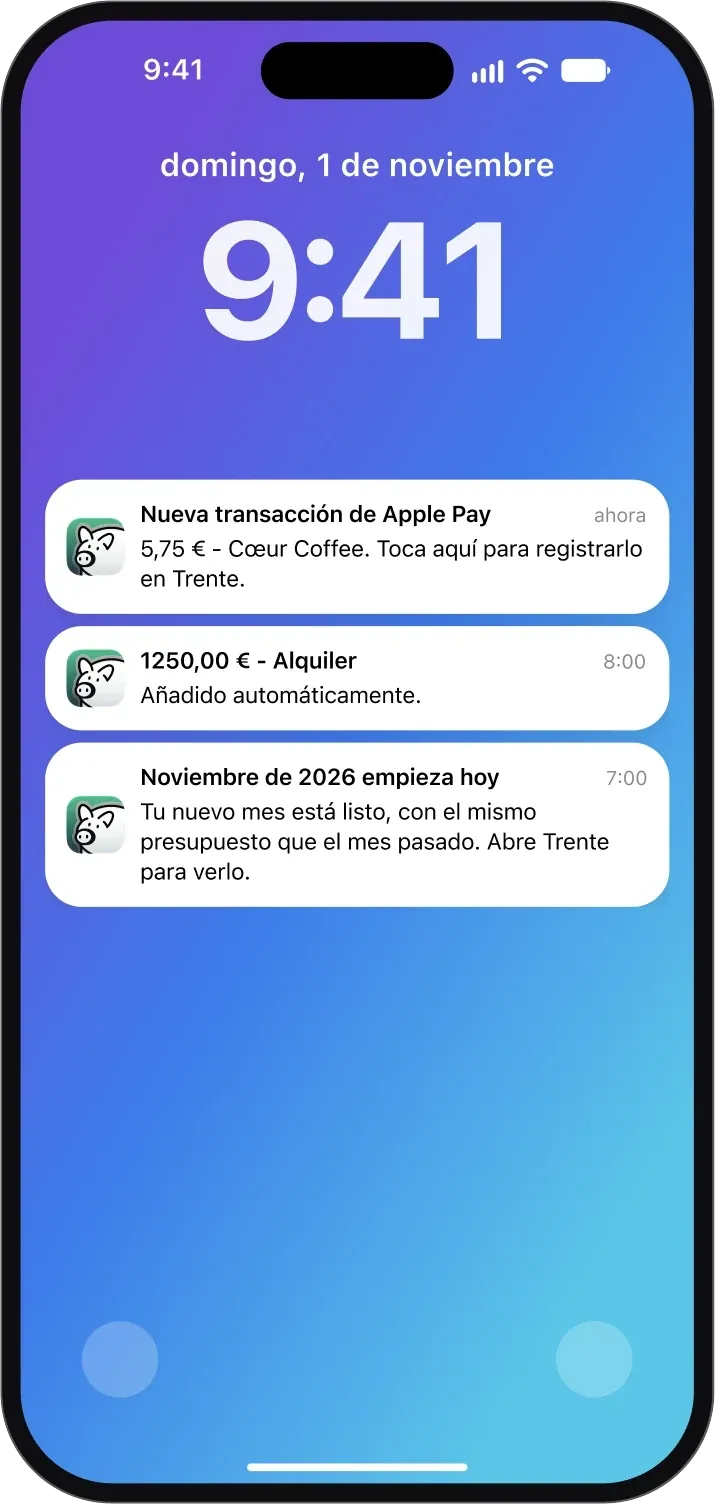 Pantalla bloqueada de iPhone con notificaciones de Trente por una compra con Apple Pay y una transacción recurrente