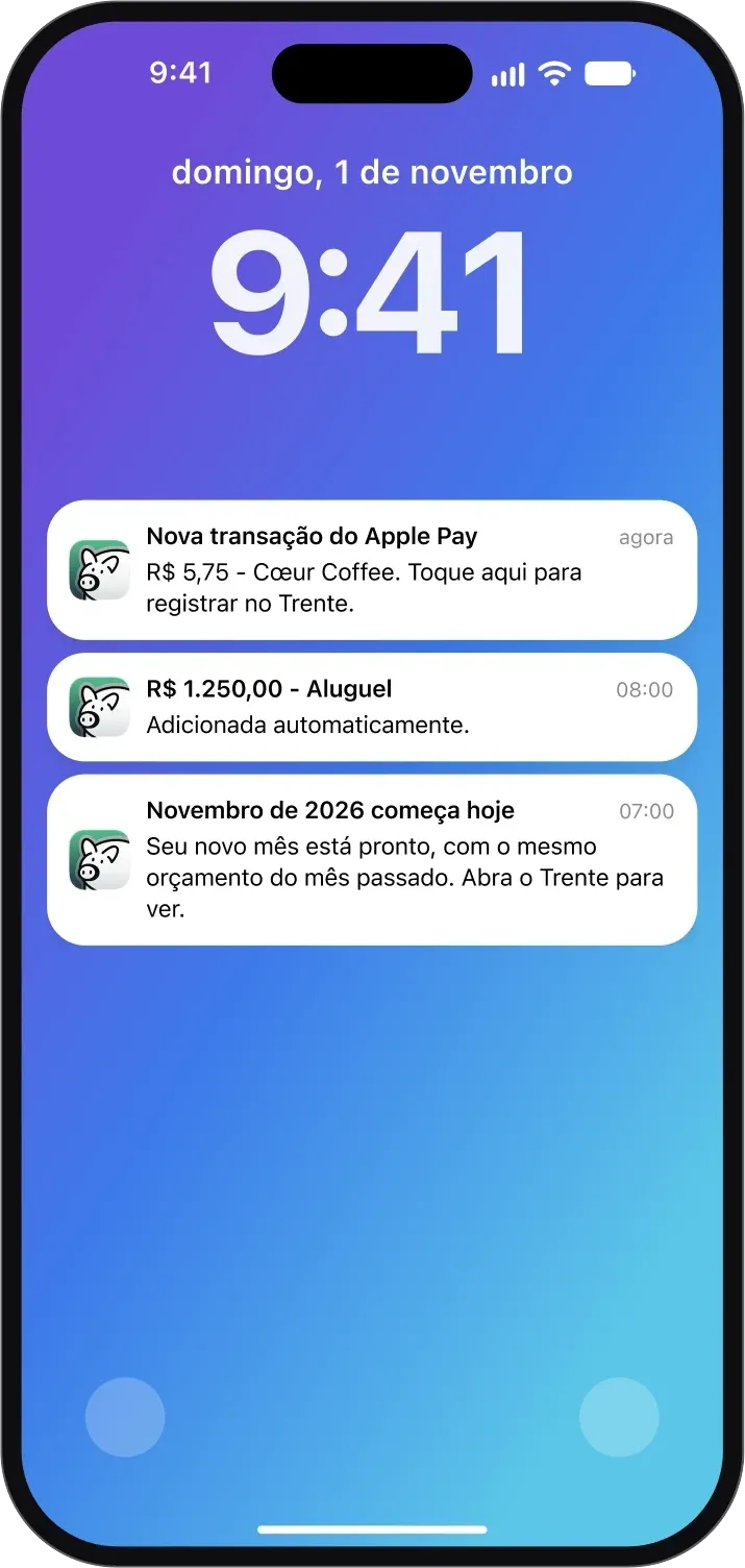 Tela Bloqueada do iPhone com notificações do Trente para uma compra com Apple Pay e uma transação recorrente